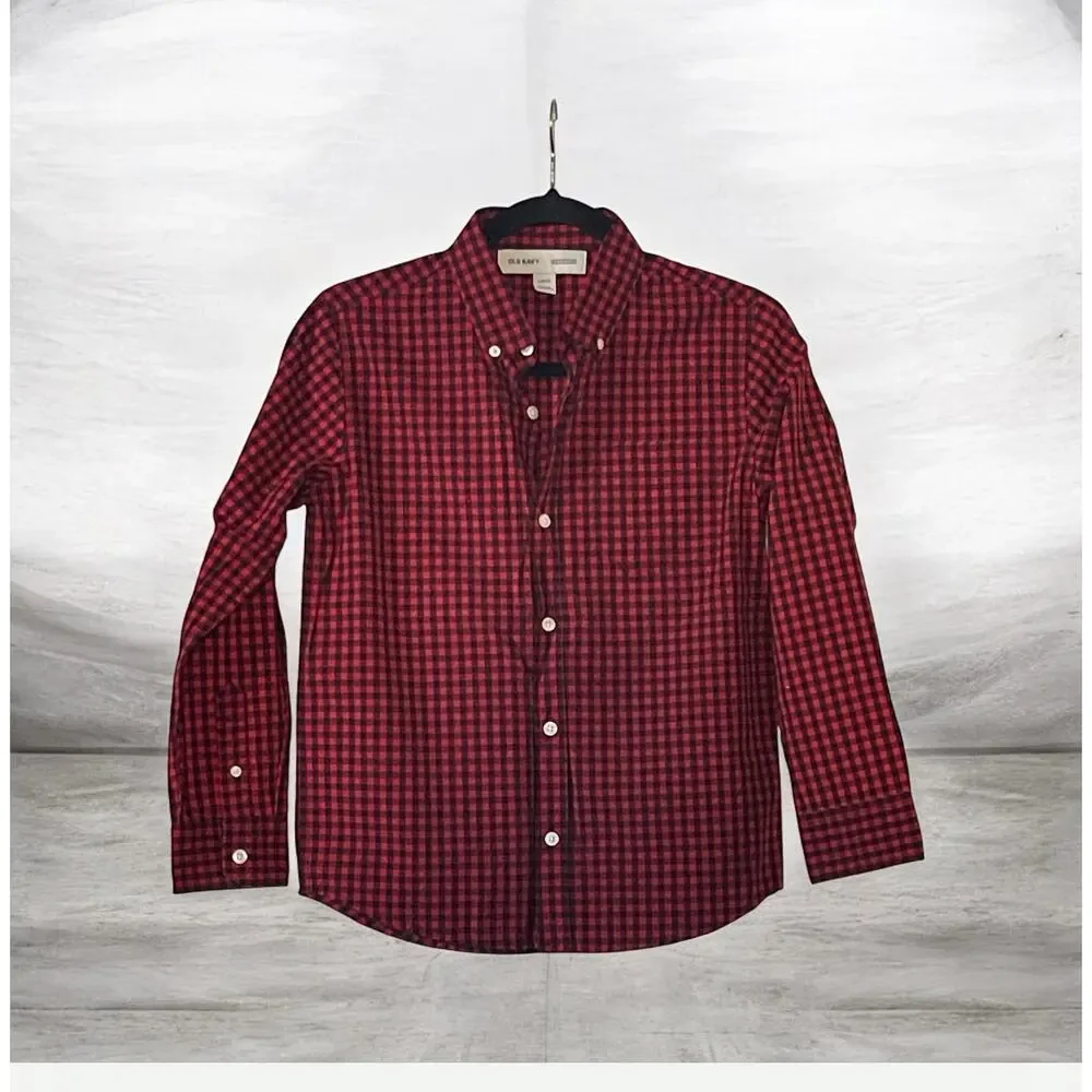 Holiday Old Navy Button Down Shirt Boys Large 10/12 Red Black Buffalo Plaid